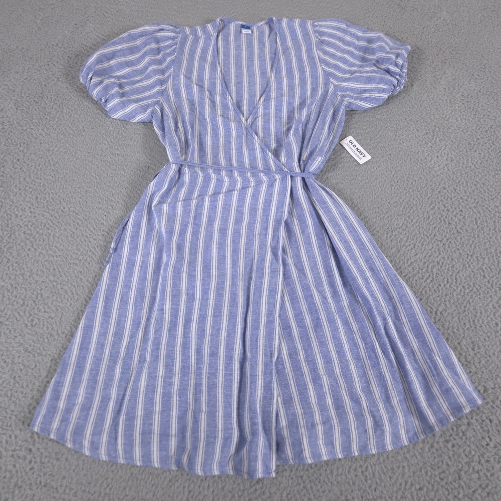 Old Navy Dress Womens S Striped Puff-Sleeve Mini Wrap Linen Blend Summer NEW $50
